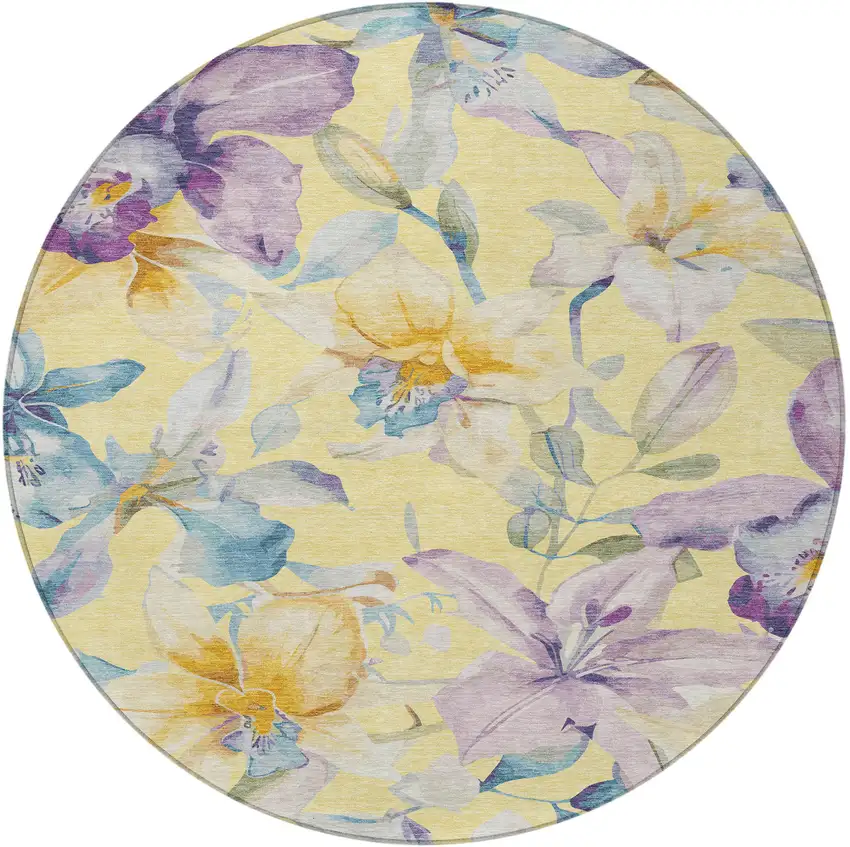 8' Yellow Gold And Lavender Round Floral Washable Indoor Outdoor Area Rug Photo 5