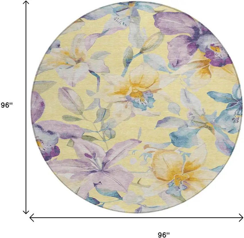 8' Yellow Gold And Lavender Round Floral Washable Indoor Outdoor Area Rug Photo 3