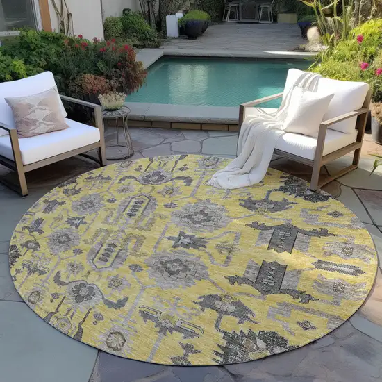 8' Yellow Gray And Charcoal Round Oriental Washable Indoor Outdoor Area Rug Photo 7