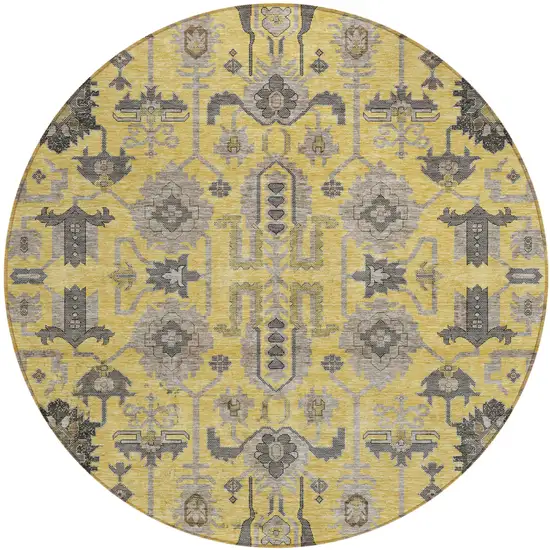 8' Yellow Gray And Charcoal Round Oriental Washable Indoor Outdoor Area Rug Photo 1