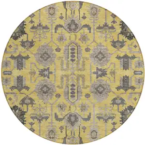 Photo of 8' Yellow Gray And Charcoal Round Oriental Washable Indoor Outdoor Area Rug