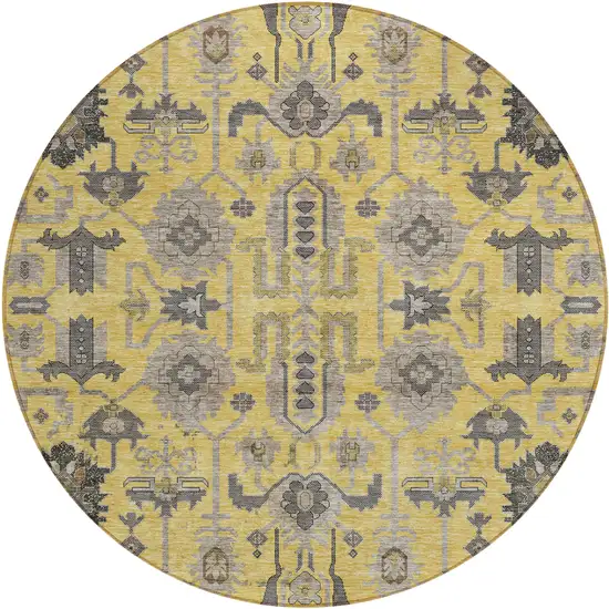 8' Yellow Gray And Charcoal Round Oriental Washable Indoor Outdoor Area Rug Photo 1