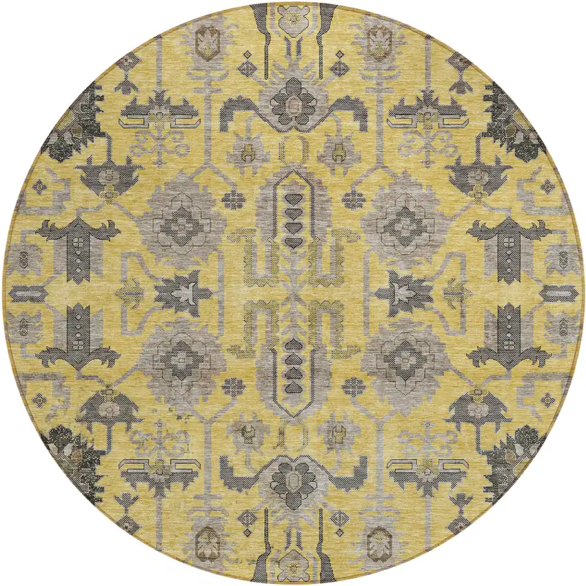 8' Yellow Gray And Charcoal Round Oriental Washable Indoor Outdoor Area Rug Photo 1
