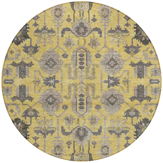8' Yellow Gray And Charcoal Round Oriental Washable Indoor Outdoor Area Rug Photo 6