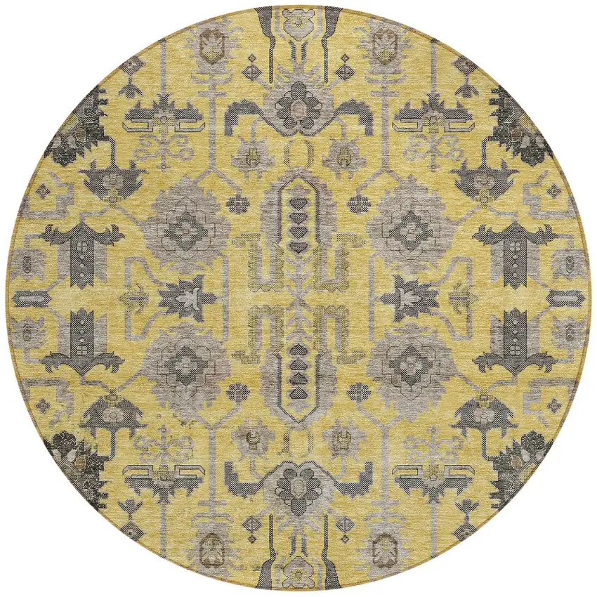 8' Yellow Gray And Charcoal Round Oriental Washable Indoor Outdoor Area Rug Photo 6