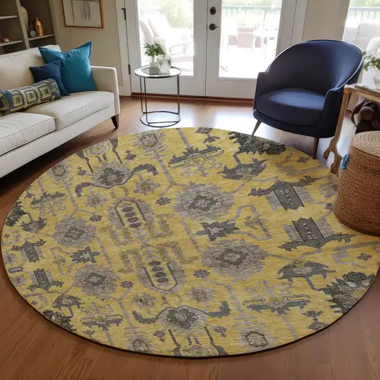 8' Yellow Gray And Charcoal Round Oriental Washable Indoor Outdoor Area Rug Photo 8