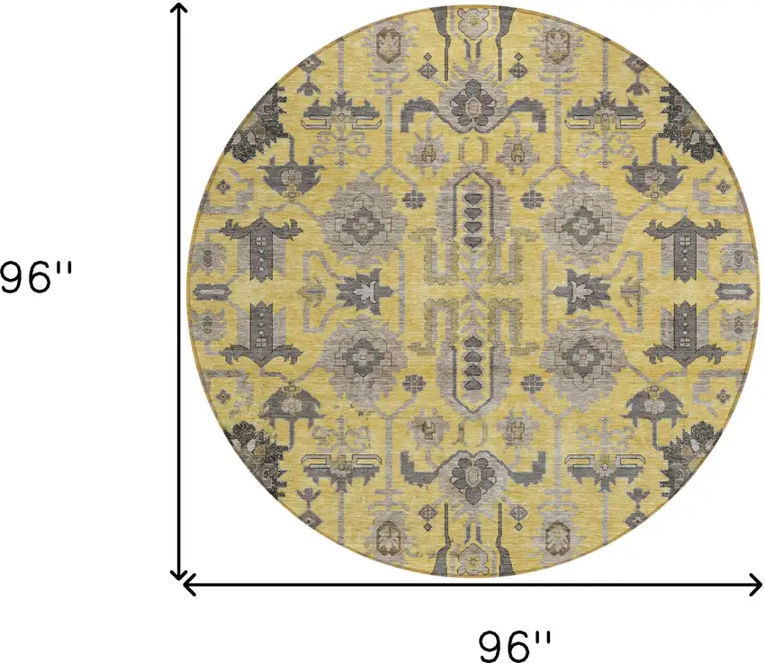 8' Yellow Gray And Charcoal Round Oriental Washable Indoor Outdoor Area Rug Photo 9