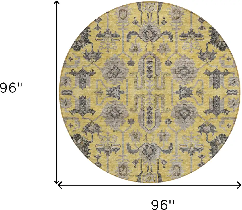 8' Yellow Gray And Charcoal Round Oriental Washable Indoor Outdoor Area Rug Photo 9