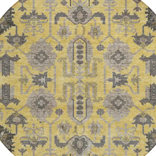 8' Yellow Gray And Charcoal Round Oriental Washable Indoor Outdoor Area Rug Photo 5