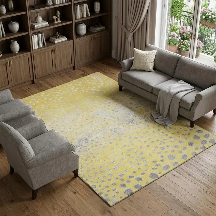 8' Yellow Gray And Ivory Polka Dot Washable Area Rug With UV Protection Photo 1