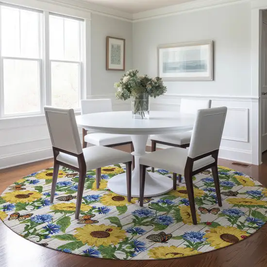 8' Yellow Green And Blue Geometric Washable Round Rug With UV Protection Photo 4