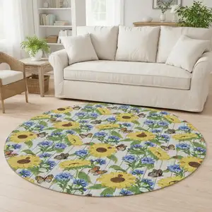 Photo of 8' Yellow Green And Blue Geometric Washable Round Rug With UV Protection