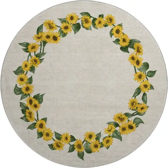 8' Yellow Green And Ivory Geometric Washable Round Rug With UV Protection Photo 1