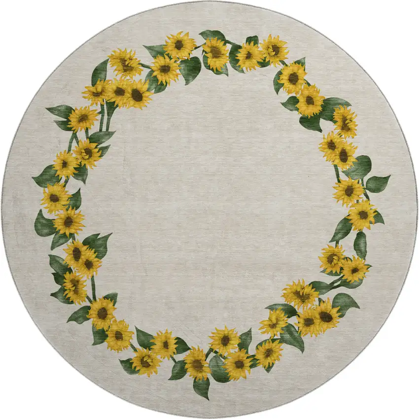 8' Yellow Green And Ivory Geometric Washable Round Rug With UV Protection Photo 1