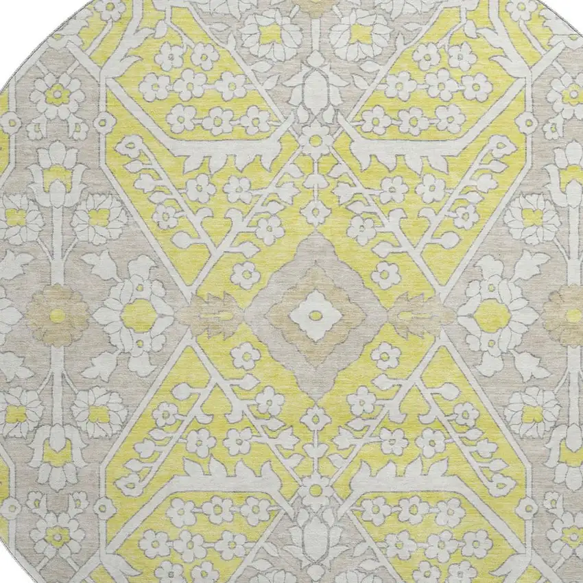 8' Yellow Ivory And Beige Floral Washable Round Rug With UV Protection Photo 4