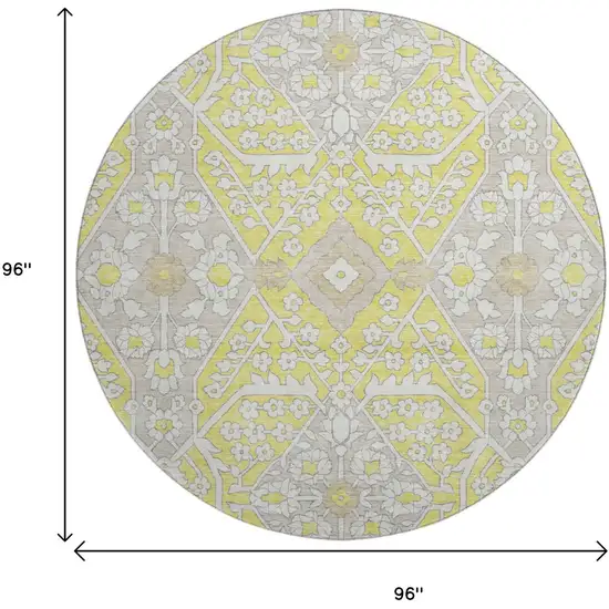 8' Yellow Ivory And Beige Floral Washable Round Rug With UV Protection Photo 3
