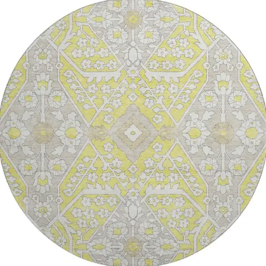 8' Yellow Ivory And Beige Floral Washable Round Rug With UV Protection Photo 5