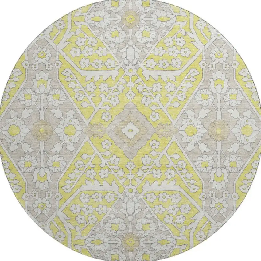 8' Yellow Ivory And Beige Floral Washable Round Rug With UV Protection Photo 5