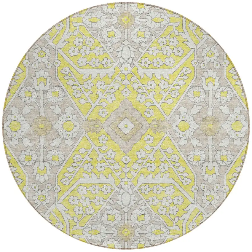 8' Yellow Ivory And Beige Round Floral Washable Indoor Outdoor Area Rug Photo 8