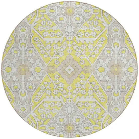 8' Yellow Ivory And Beige Round Floral Washable Indoor Outdoor Area Rug Photo 8