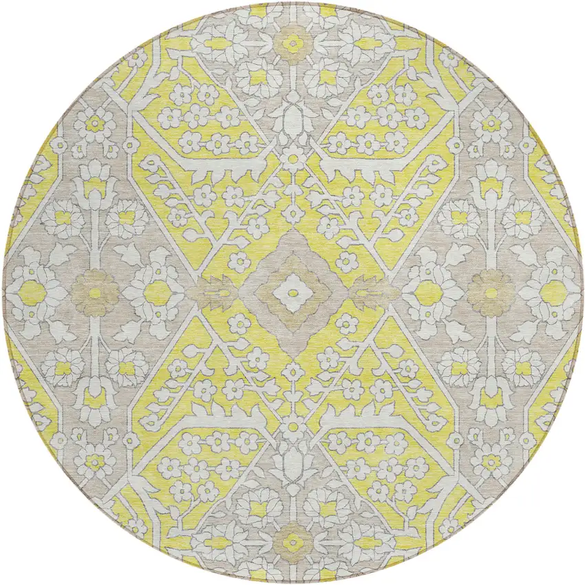 8' Yellow Ivory And Beige Round Floral Washable Indoor Outdoor Area Rug Photo 2