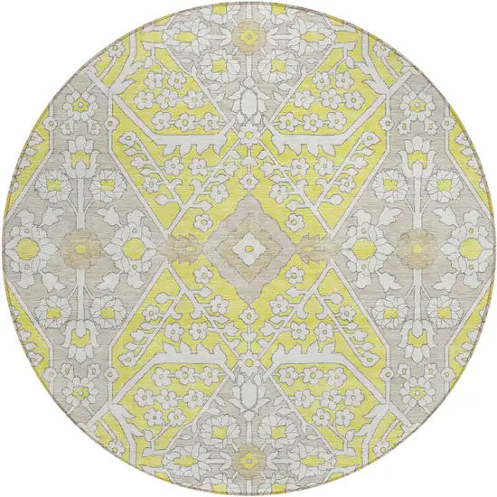 8' Yellow Ivory And Beige Round Floral Washable Indoor Outdoor Area Rug Photo 2