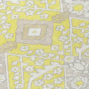Photo of 8' Yellow Ivory And Beige Round Floral Washable Indoor Outdoor Area Rug