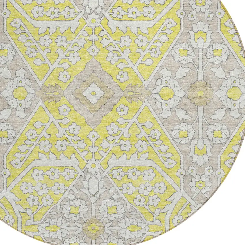 8' Yellow Ivory And Beige Round Floral Washable Indoor Outdoor Area Rug Photo 6