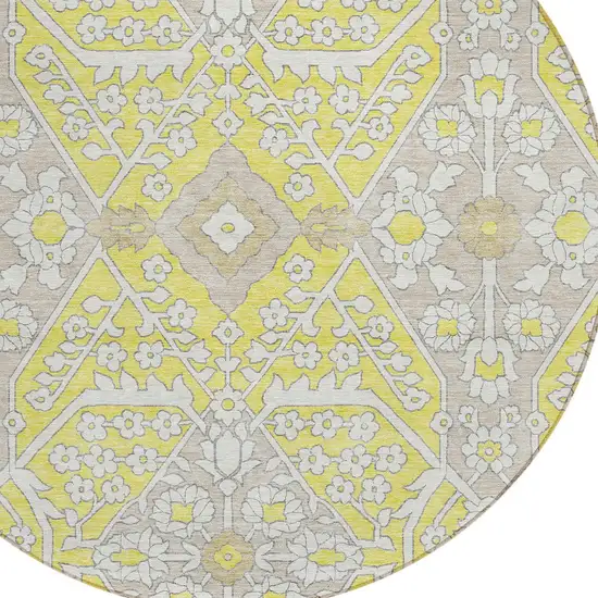 8' Yellow Ivory And Beige Round Floral Washable Indoor Outdoor Area Rug Photo 6