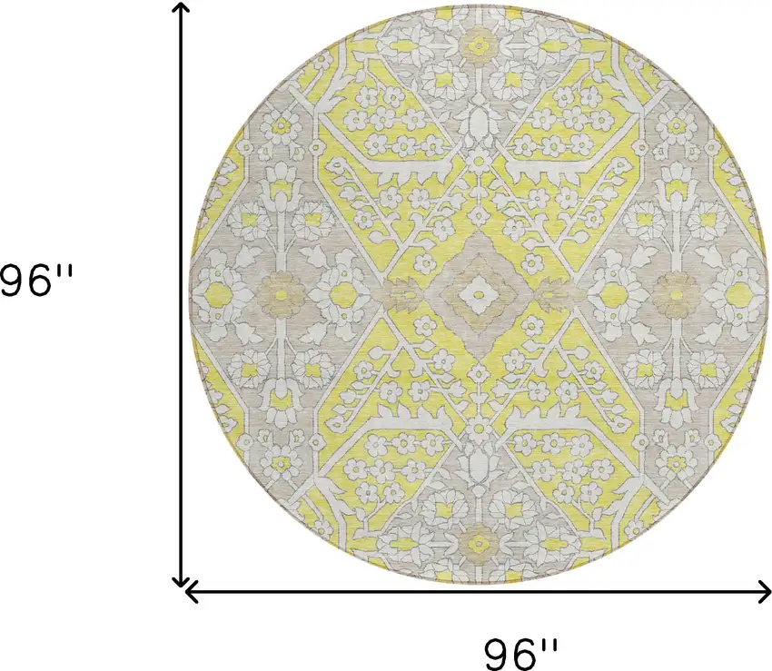 8' Yellow Ivory And Beige Round Floral Washable Indoor Outdoor Area Rug Photo 3