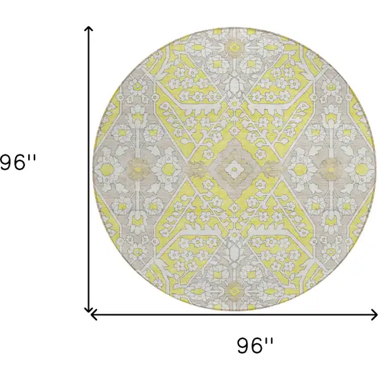 8' Yellow Ivory And Beige Round Floral Washable Indoor Outdoor Area Rug Photo 3