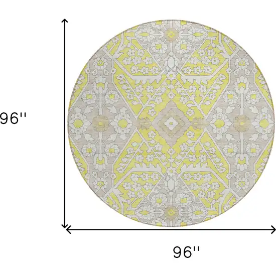 8' Yellow Ivory And Beige Round Floral Washable Indoor Outdoor Area Rug Photo 3