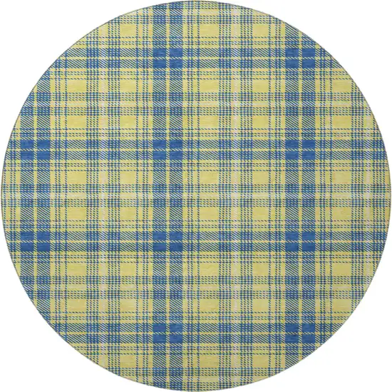 8' Yellow Ivory And Blue Plaid Washable Round Rug With UV Protection Photo 3