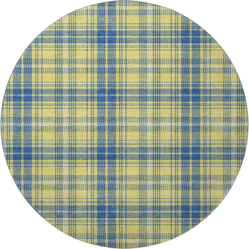 8' Yellow Ivory And Blue Plaid Washable Round Rug With UV Protection Photo 3