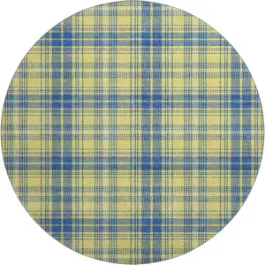 Photo of 8' Yellow Ivory And Blue Plaid Washable Round Rug With UV Protection
