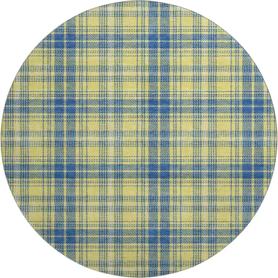 8' Yellow Ivory And Blue Plaid Washable Round Rug With UV Protection Photo 1