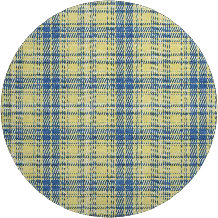 8' Yellow Ivory And Blue Plaid Washable Round Rug With UV Protection Photo 1