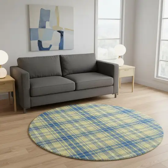 8' Yellow Ivory And Blue Plaid Washable Round Rug With UV Protection Photo 2