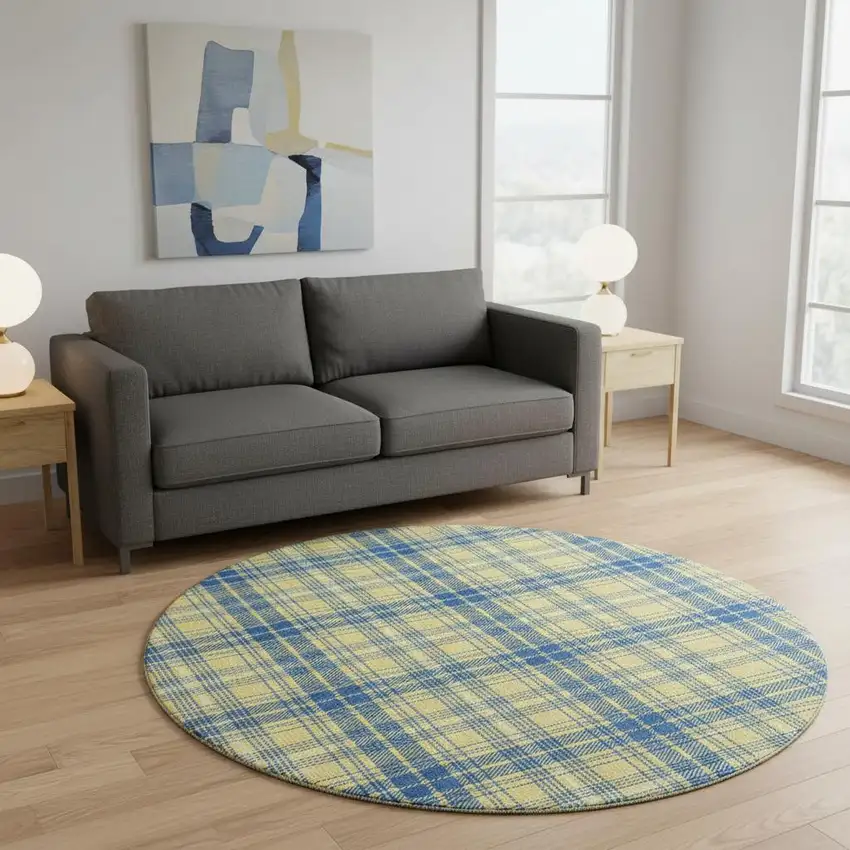8' Yellow Ivory And Blue Plaid Washable Round Rug With UV Protection Photo 2