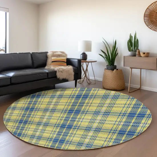 8' Yellow Ivory And Blue Plaid Washable Round Rug With UV Protection Photo 4