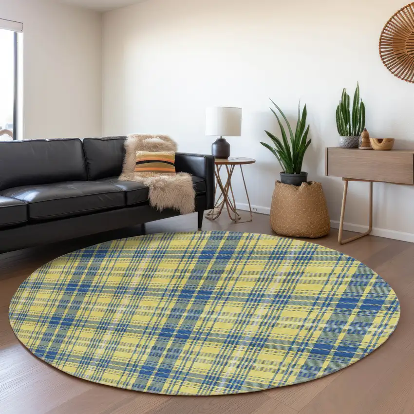 8' Yellow Ivory And Blue Plaid Washable Round Rug With UV Protection Photo 4