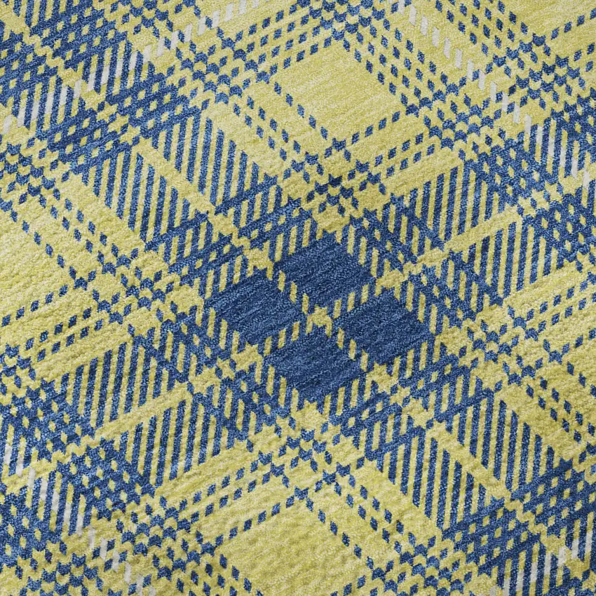 8' Yellow Ivory And Blue Plaid Washable Round Rug With UV Protection Photo 8