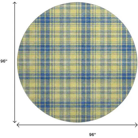 8' Yellow Ivory And Blue Plaid Washable Round Rug With UV Protection Photo 9
