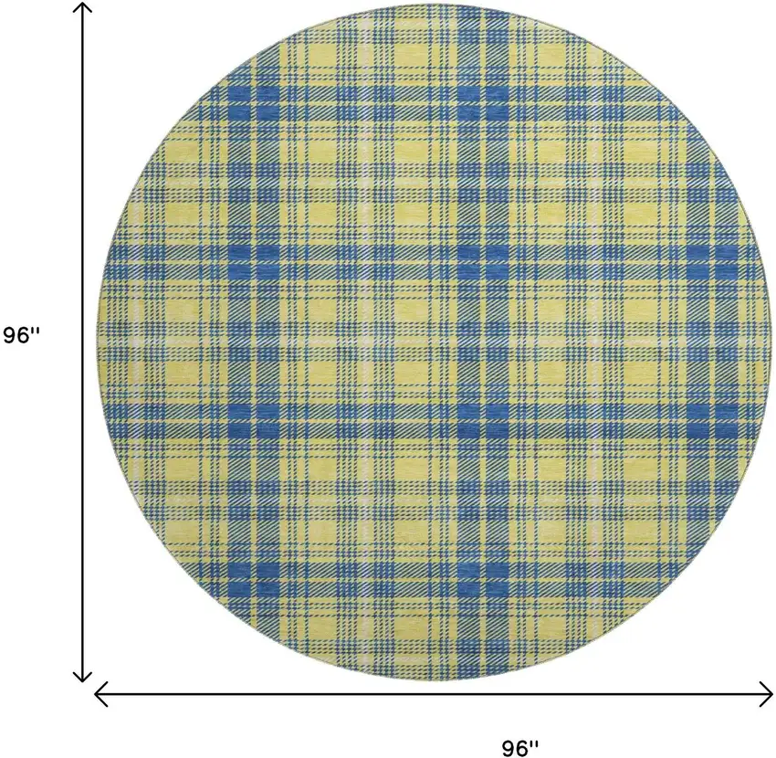 8' Yellow Ivory And Blue Plaid Washable Round Rug With UV Protection Photo 9