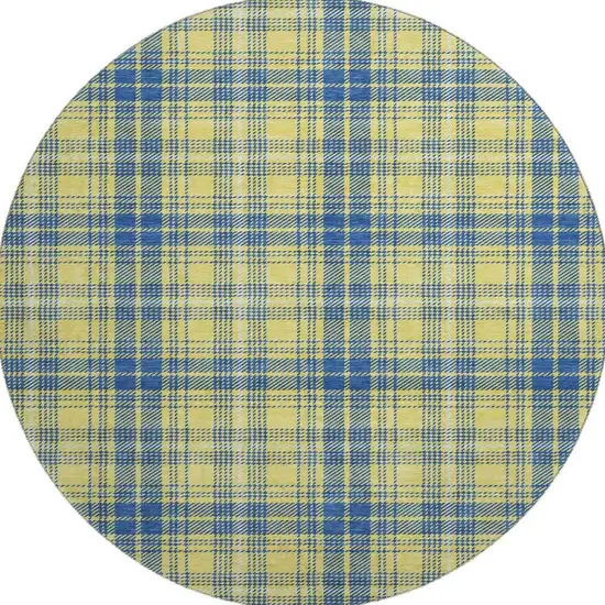 8' Yellow Ivory And Blue Plaid Washable Round Rug With UV Protection Photo 2