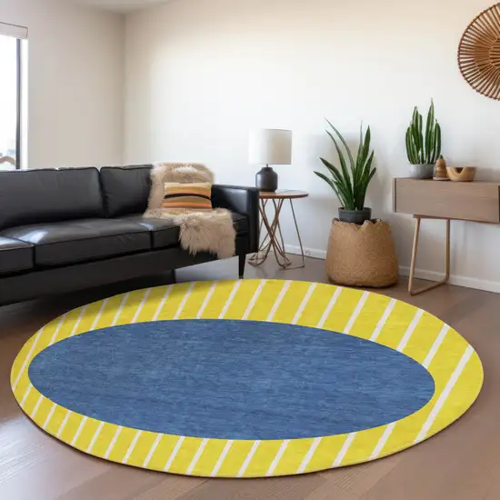 8' Yellow Ivory And Blue Striped Washable Round Rug With UV Protection Photo 3
