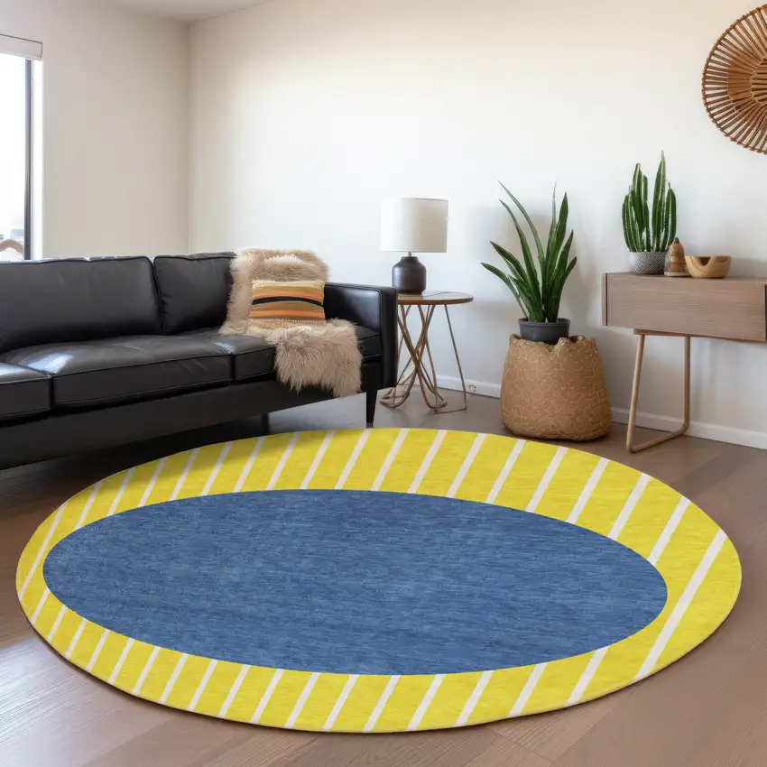 8' Yellow Ivory And Blue Striped Washable Round Rug With UV Protection Photo 3