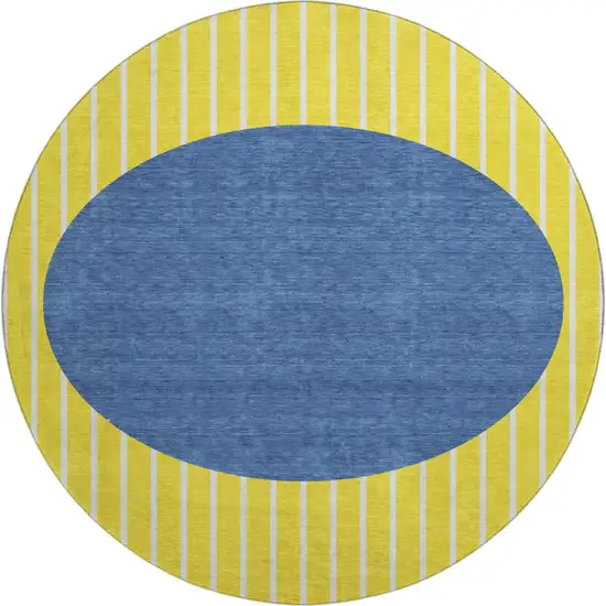 8' Yellow Ivory And Blue Striped Washable Round Rug With UV Protection Photo 1