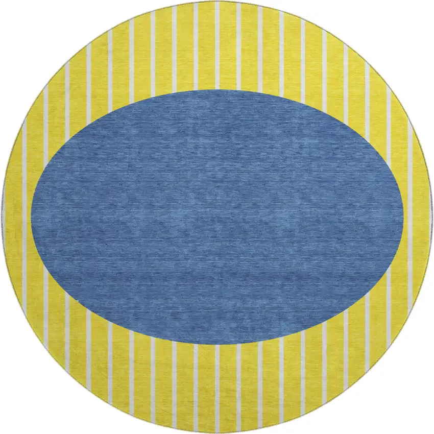 8' Yellow Ivory And Blue Striped Washable Round Rug With UV Protection Photo 1