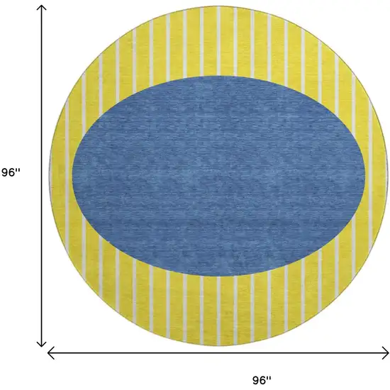 8' Yellow Ivory And Blue Striped Washable Round Rug With UV Protection Photo 8